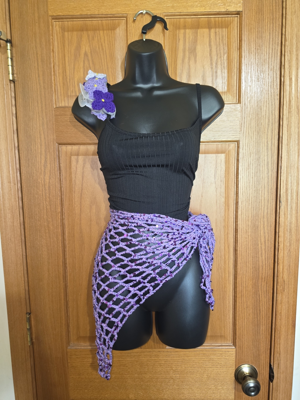 Handmade Purple Crochet Diamond Mesh Sarong With Lily Applique Clamp, Multi Size
